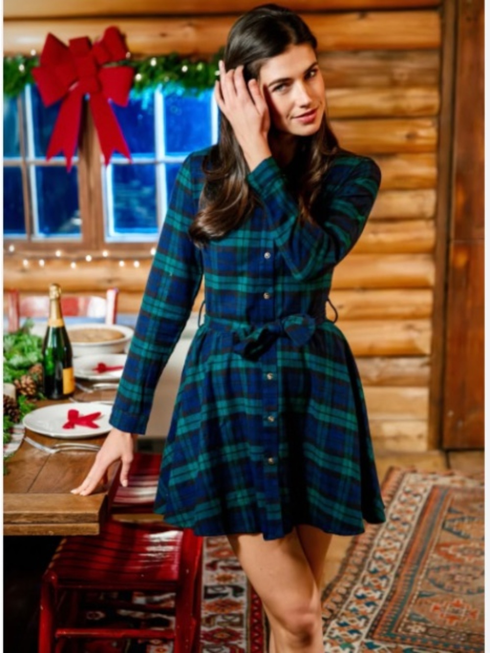 Kiel James Patrick Navy & Green Plaid Long-Sleeve Shirt Dress Size L EUC
